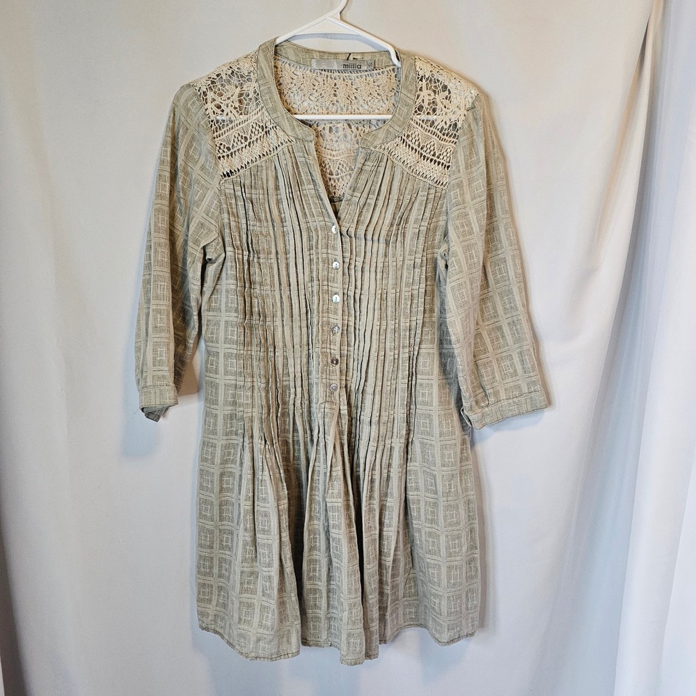 Miilla Tunic Dress Womens Small Tan Beige Boho Crochet Lace Pintuck Cottagecore‎